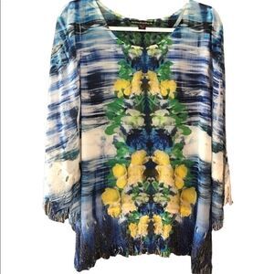 Sienna Rose Sz M Blue Sheer Floral Hawaiian Swim Cover-Up Fringe Tunic
